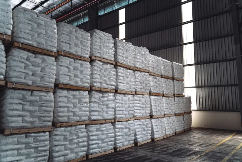 Palletised bags of industrial products in a warehouse (illustrative photo)